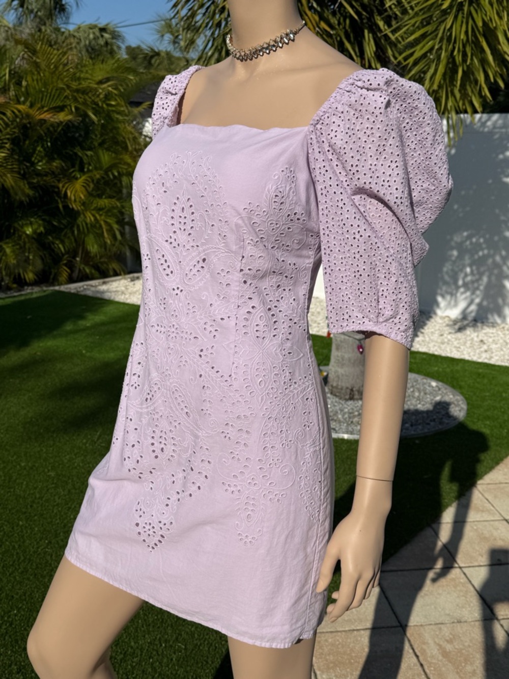 H&M Lilac Eyelet Embroidered Puff Sleeve Mini Dress Square Neck 100%Cotton SizeM - Picture 3 of 7